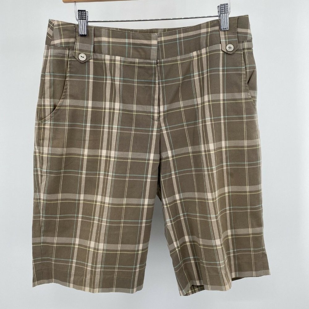 Sport Haley Women's Size 10 Long Plaid Golf Shorts w/ Pockets Khaki Tan Blue